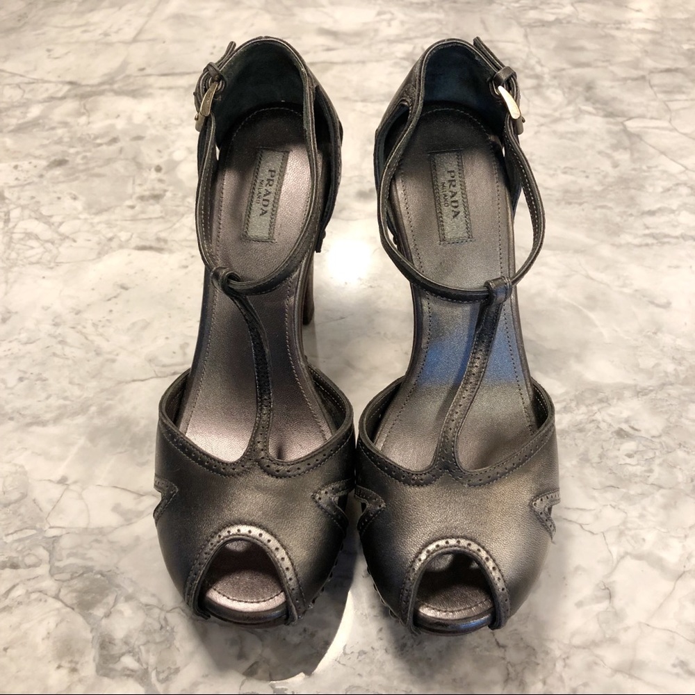 Prada Gunmetal Open Toe Platforms